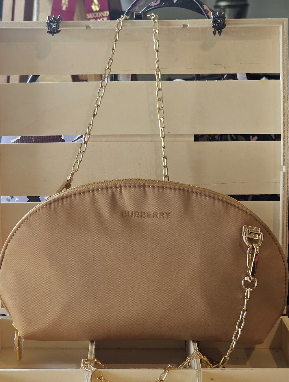 Burberry Tan Clutch with Gold Crosbody Chain Added NWOT